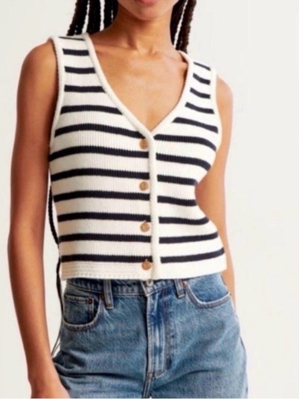 Abercrombie & Fitch Black and White Striped V-Neck Button Tank
